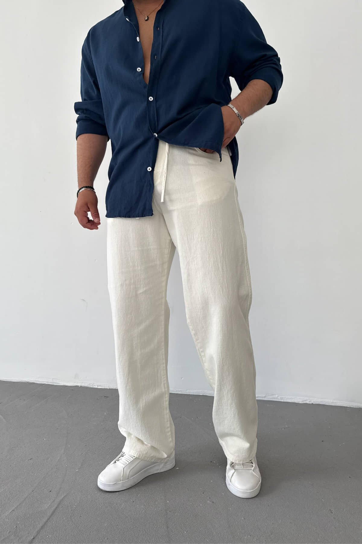 Ekru Gabardin İpli Baggy Pantolon